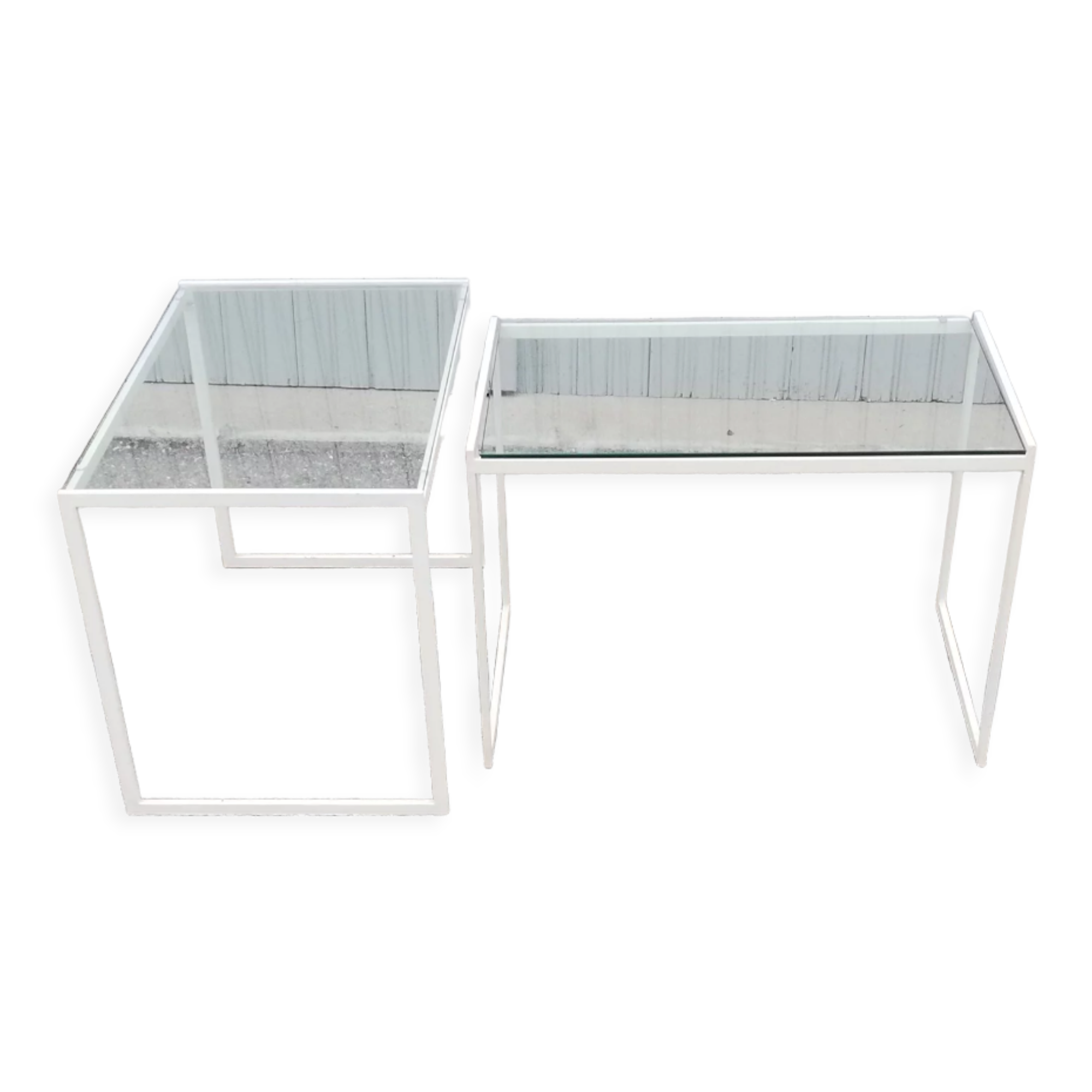 Pair of vintage metal and glass coffee tables