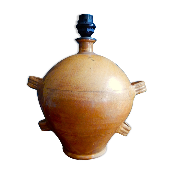 Pied de lampe en terre cuite émaillée couleur ocre années 60