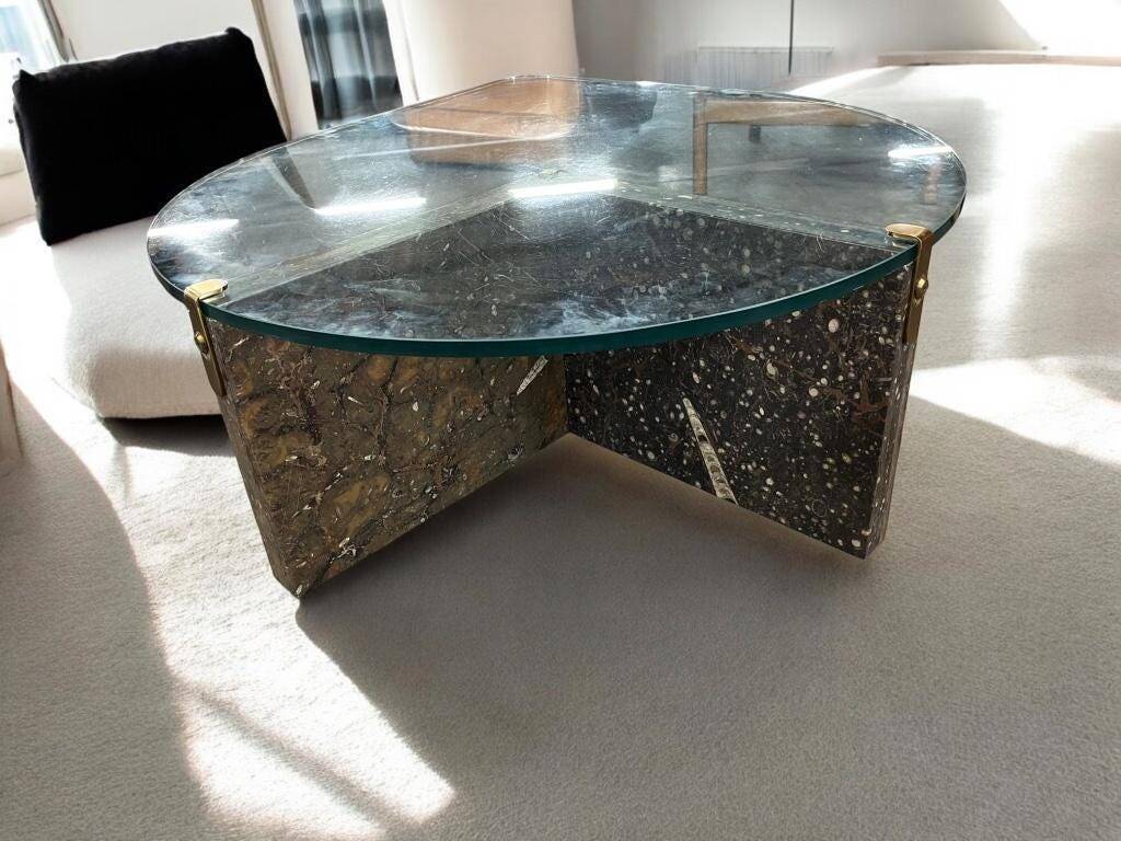 Vintage teardrop-shaped glass coffee table with stone base