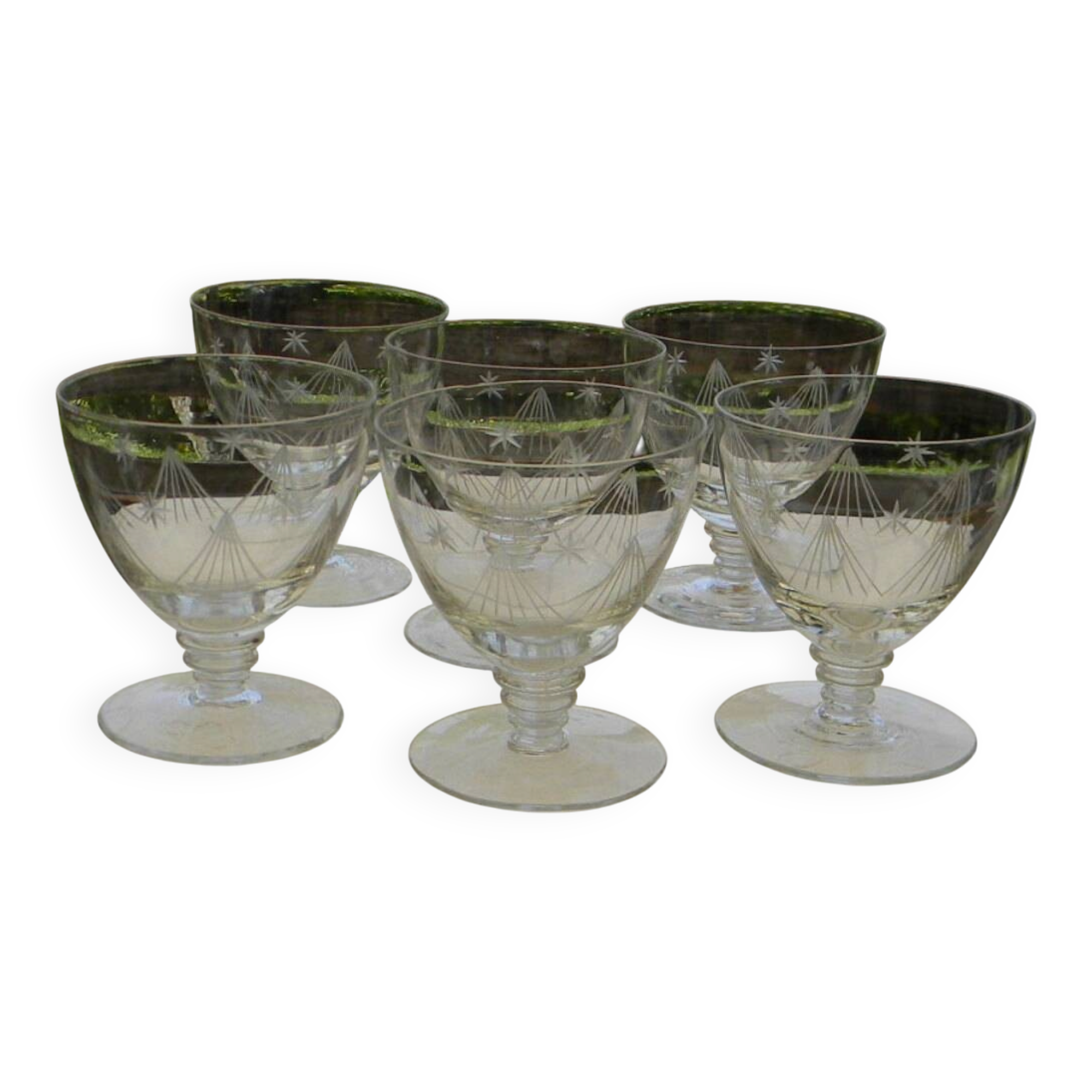 6 Art Deco engraved wine glasses, Meisenthal glassware
