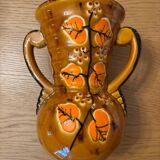 Old vase with brown ceramic handle + leaf decoration from the 70s vintage.