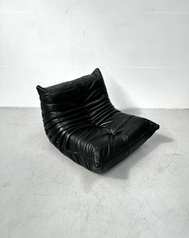 French Togo lounge chair in black leather by Michel Ducaroy for Ligne Roset, 1970s