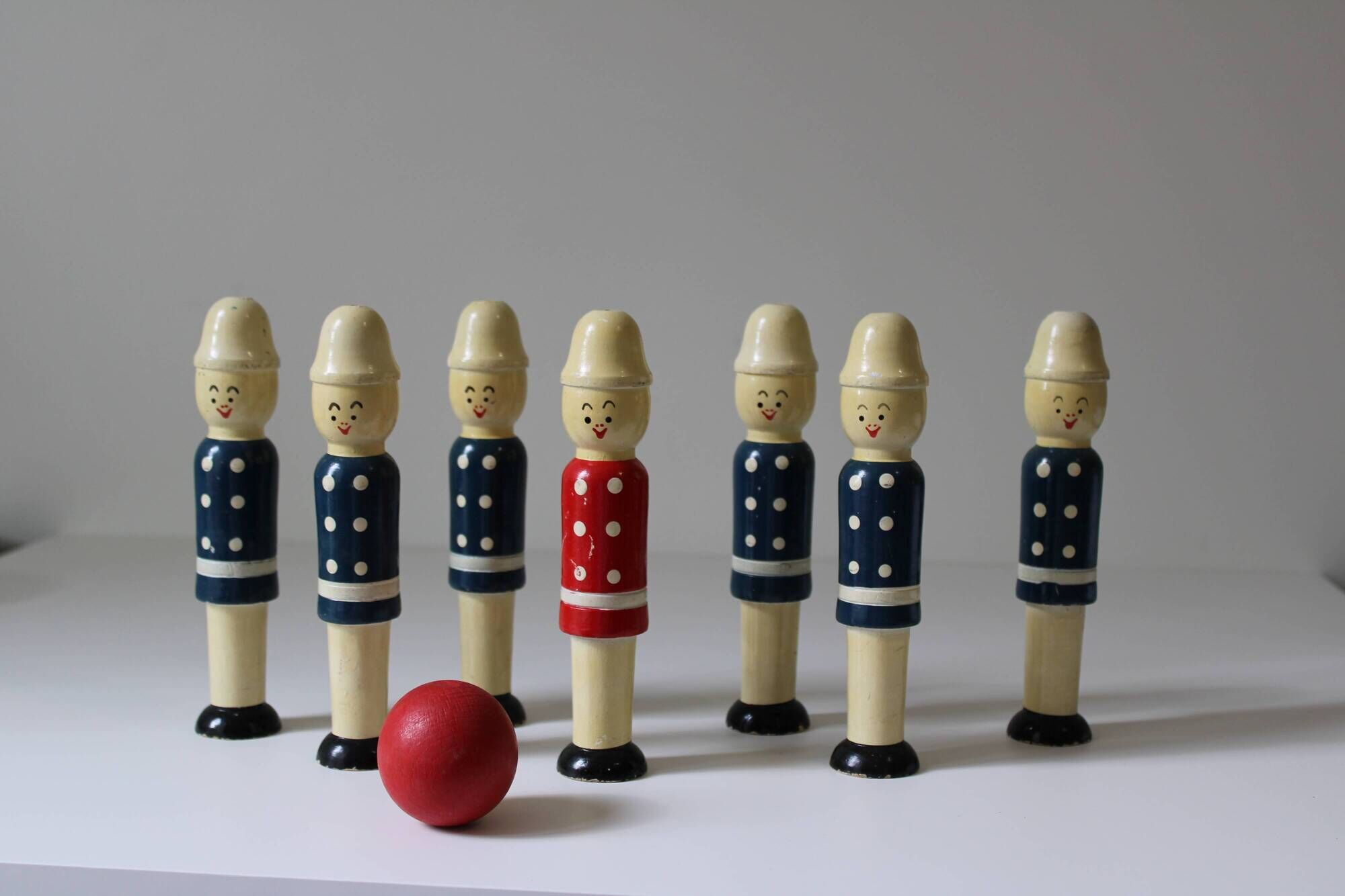 Vintage 1970s wooden soldier bowling set or bowling alley
