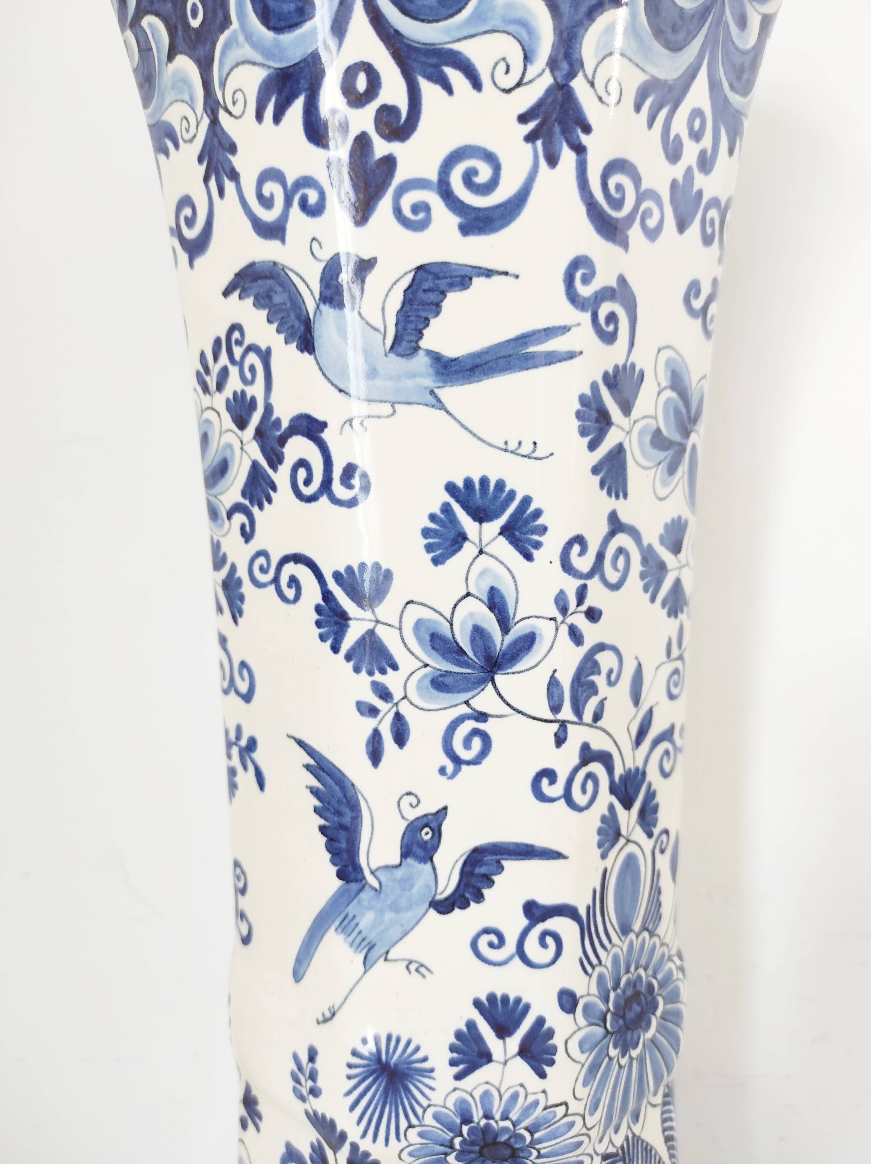 Octagonal vase blue birds BFK Boch Frères Kéramis 42 cm