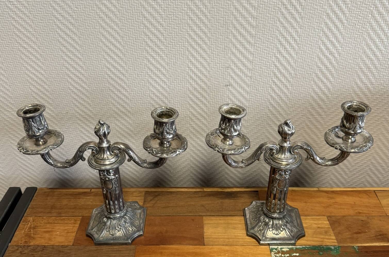 Pair of Louis XVI style silver-plated bronze candlesticks circa 1850