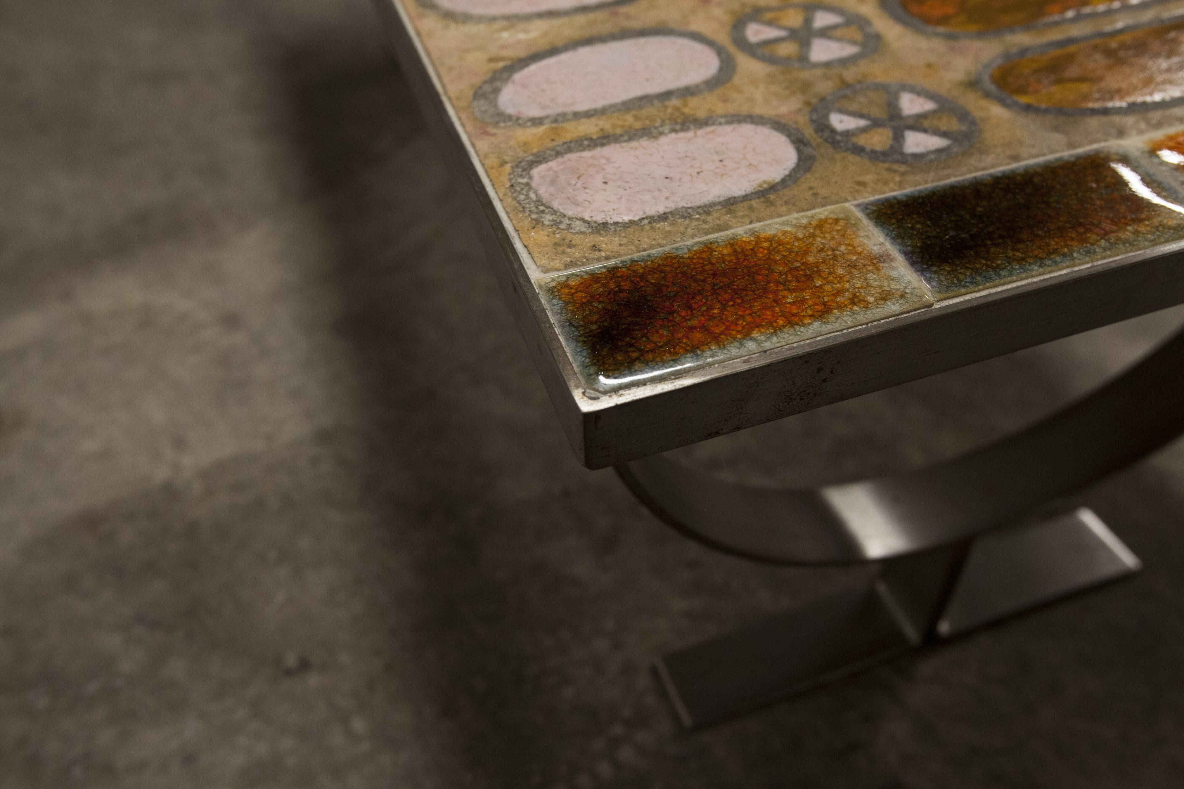 Ceramic coffee table and brushed steel Roche Bobois design Gregorieff 70s, 108x47cm