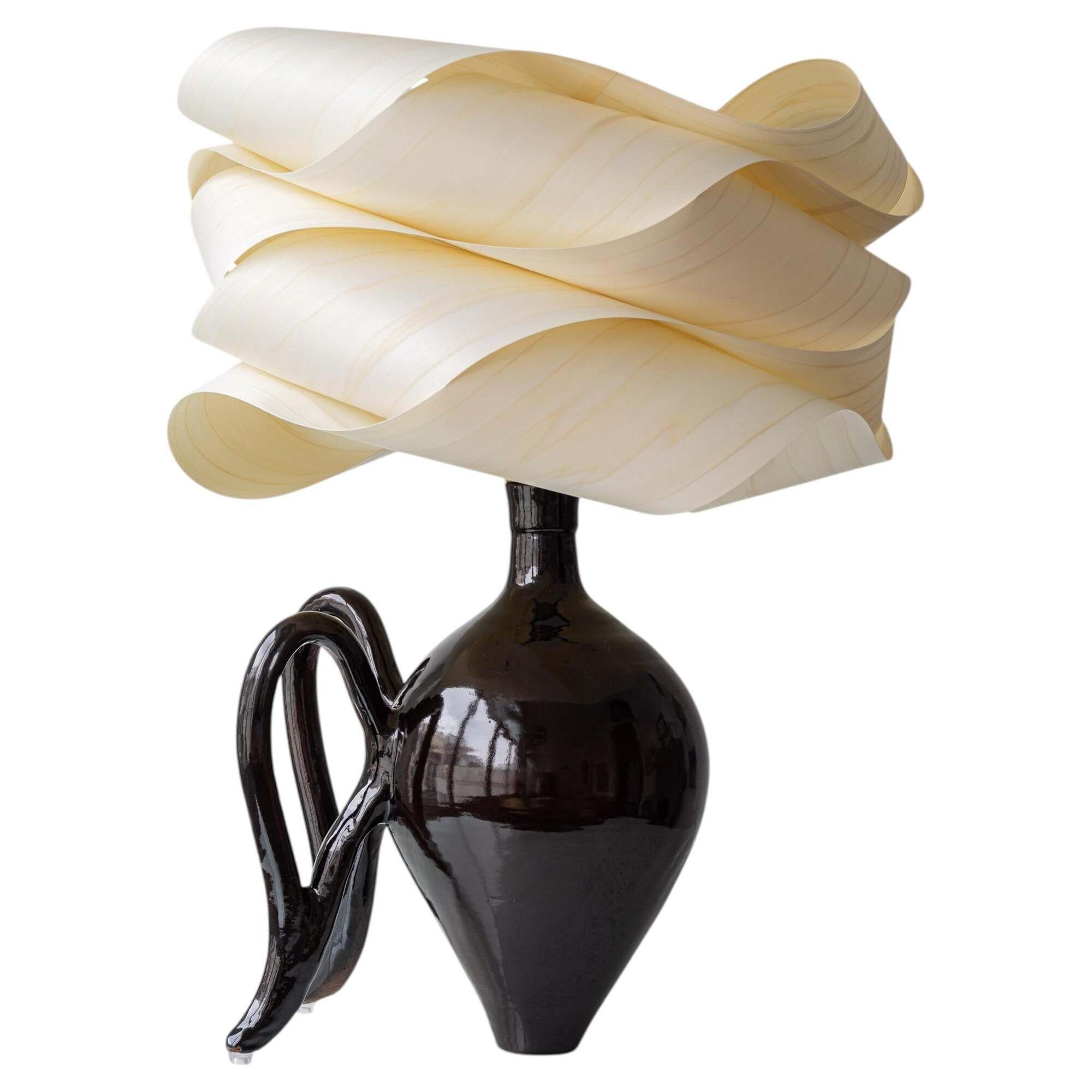 Modern Sculptural Table Lamp in Ceramic and Wood, Organic Style: "Cántaro Cloud" with Wings