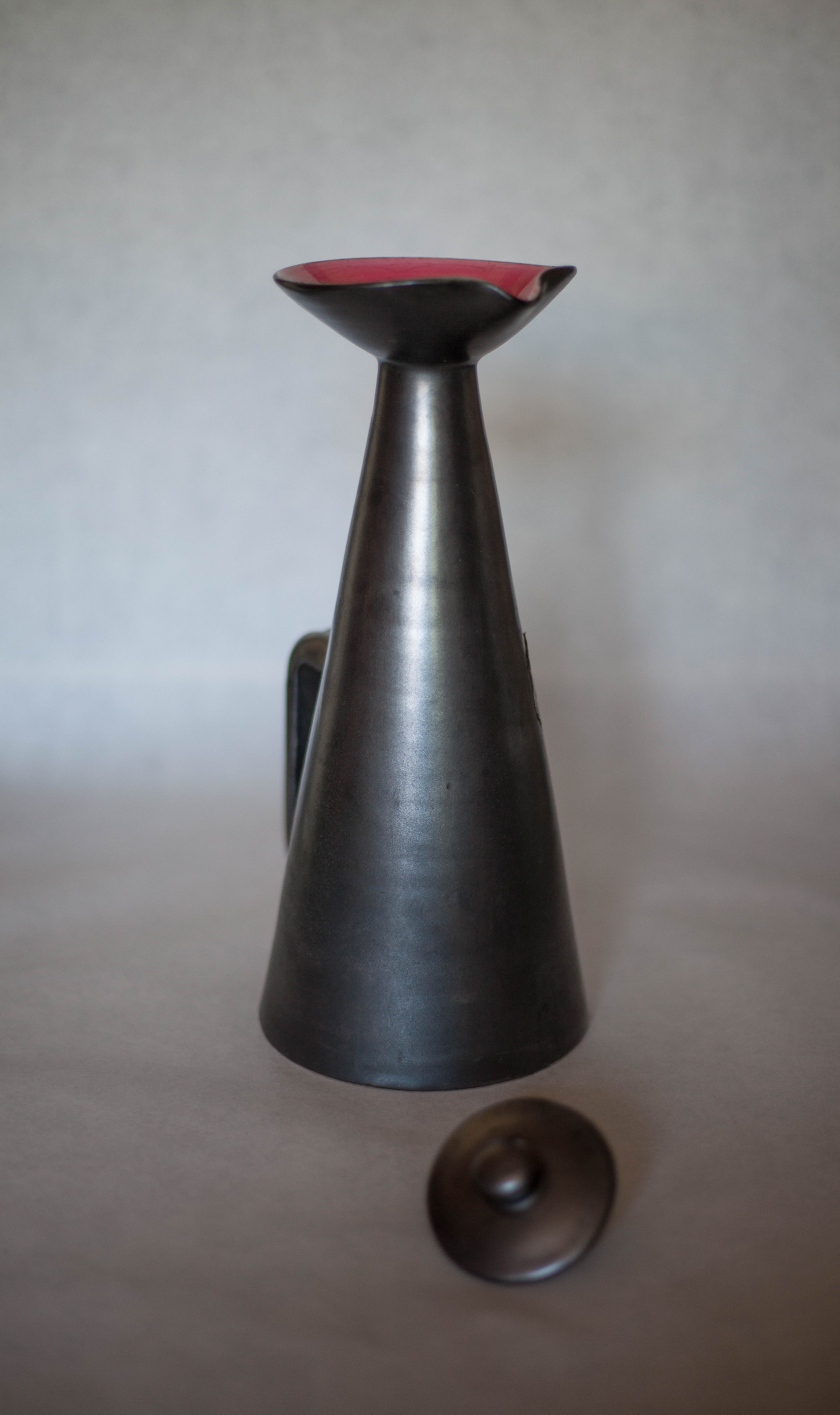 Ceramic pitcher of Louviers manufacture 50s, pitcher with conical handle