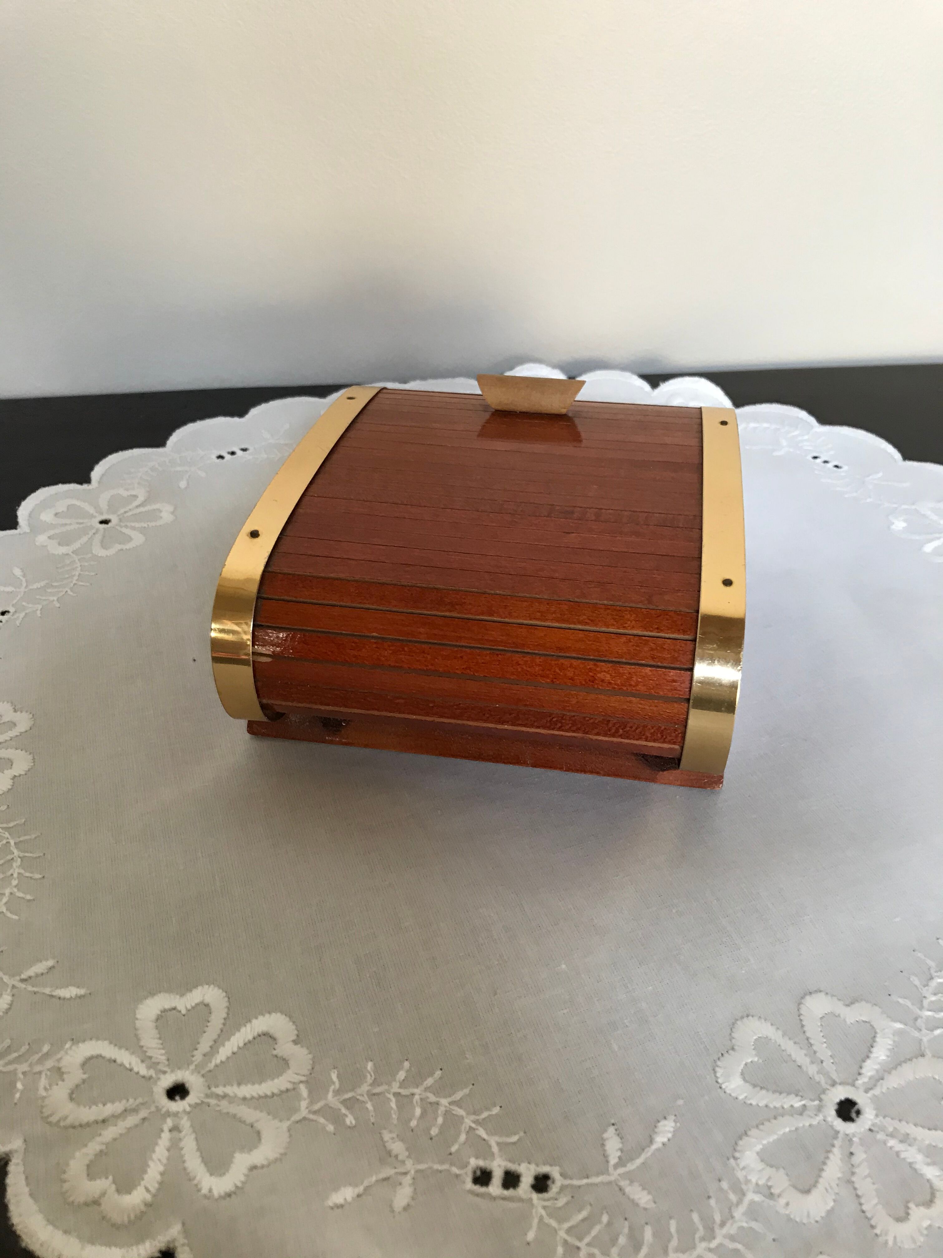 Vintage wooden cigarette box and brass curtain sliding lid