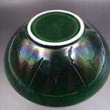 Green faience bowl decorated with multicolored drips around 1970
