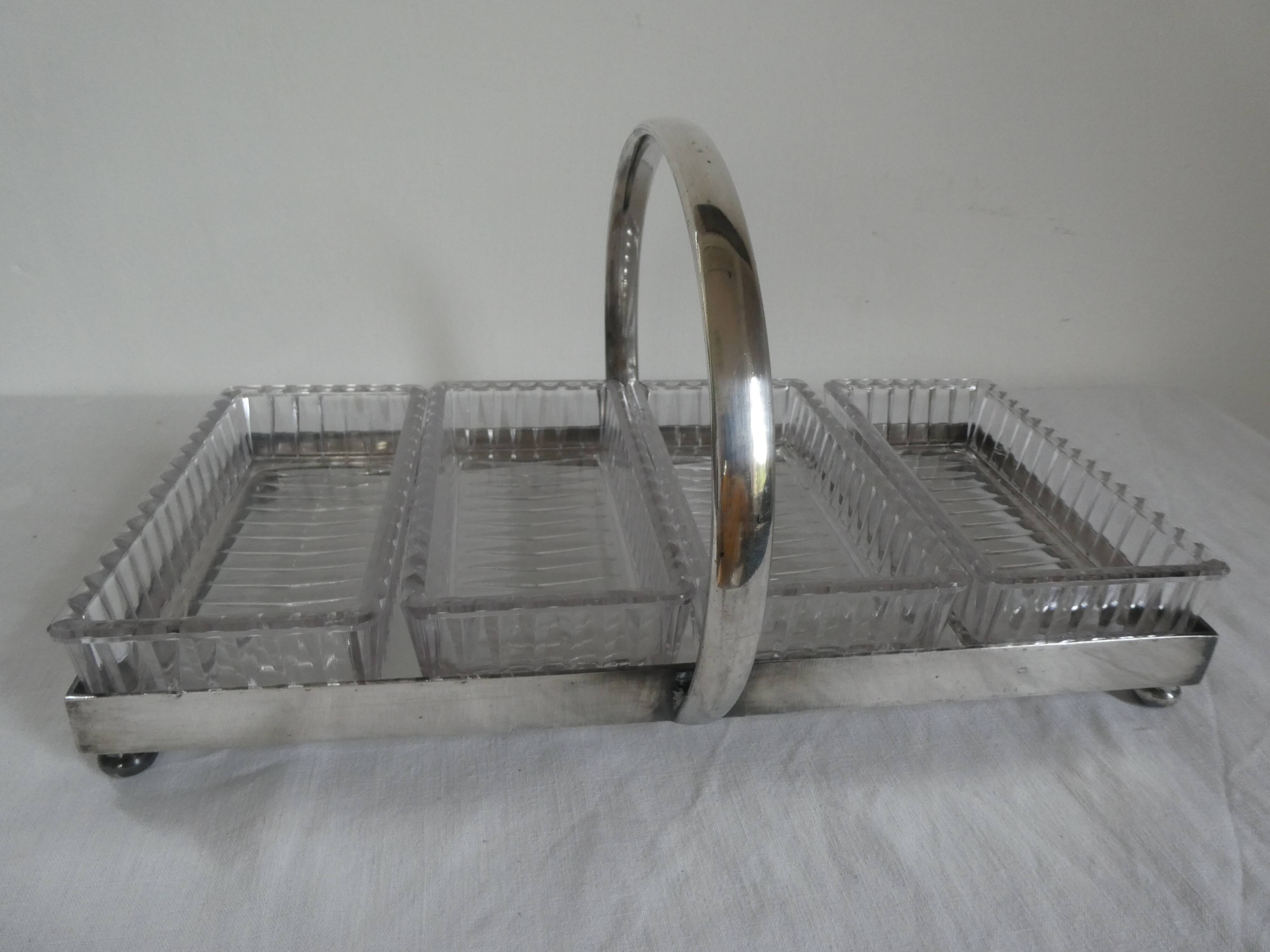Silver metal aperitif server & 4 art deco glass ramequins/dishes