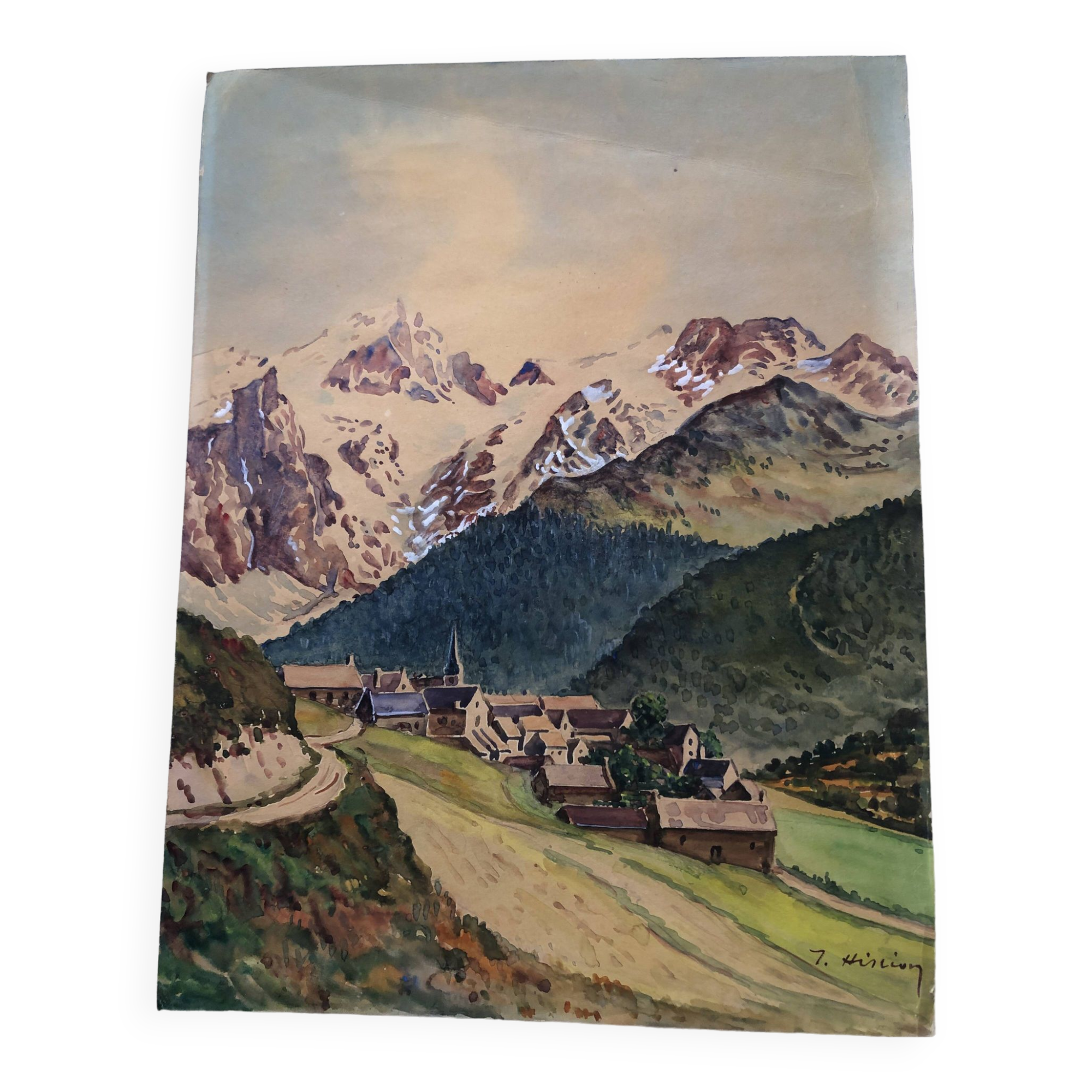 Watercolor painting mountain landscape by joseph hillion circa 1920 village alpes savoie, unframed