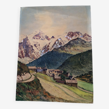 Peinture aquarelle paysage de montagne de joseph hillion vers 1920 village alpes savoie, non encadré