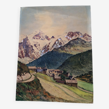 Watercolor painting mountain landscape by joseph hillion circa 1920 village alpes savoie, unframed