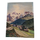 Watercolor painting mountain landscape by joseph hillion circa 1920 village alpes savoie, unframed
