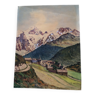 Watercolor painting mountain landscape by joseph hillion circa 1920 village alpes savoie, unframed