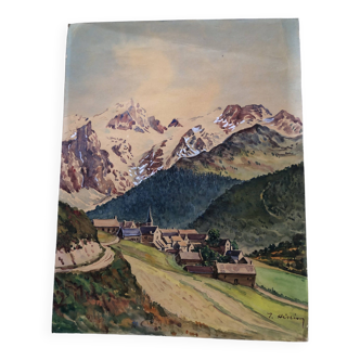 Peinture aquarelle paysage de montagne de joseph hillion vers 1920 village alpes savoie, non encadré