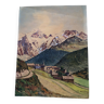 Watercolor painting mountain landscape by joseph hillion circa 1920 village alpes savoie, unframed