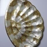 Large platter or shell-shaped catchall in capiz mother-of-pearl and vintage brass.