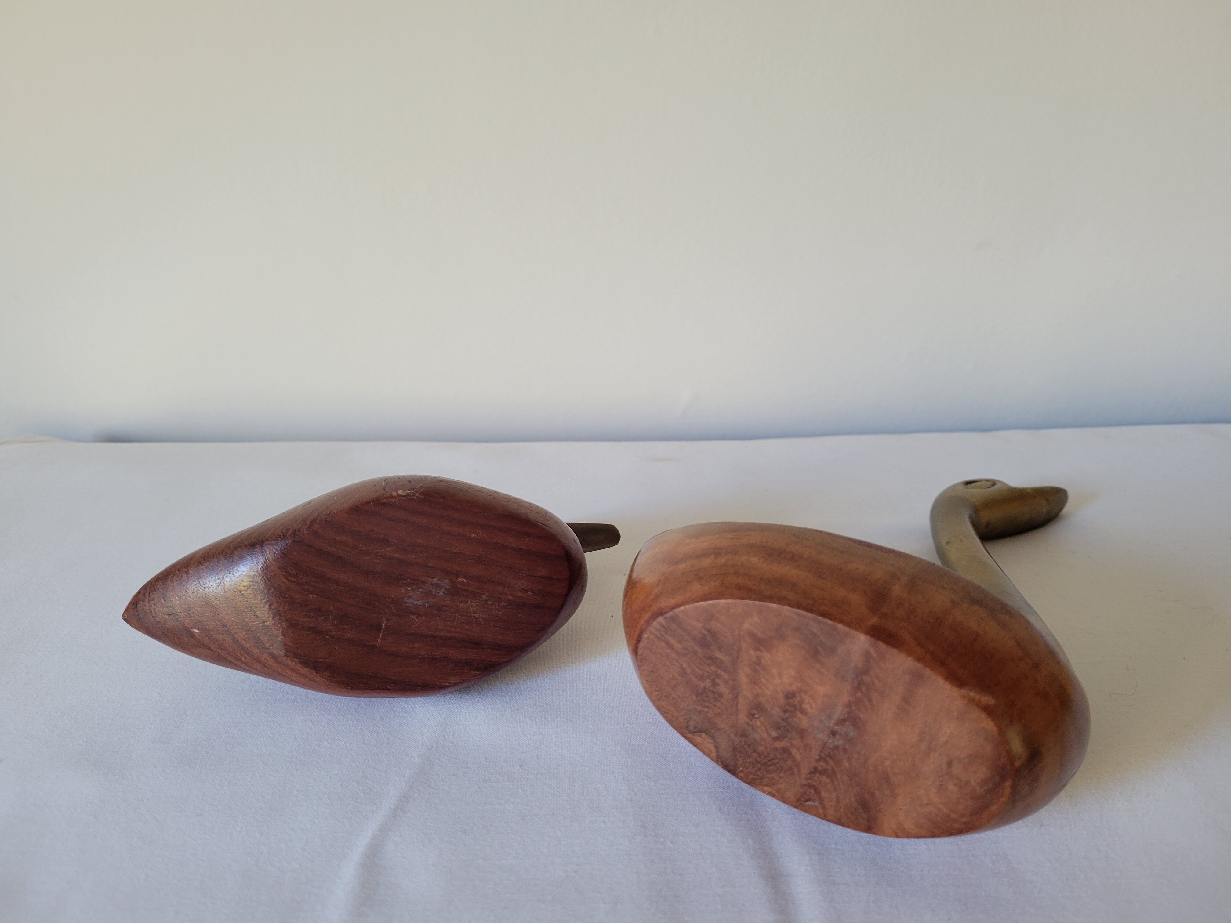 Duck and swan in brass and wood
