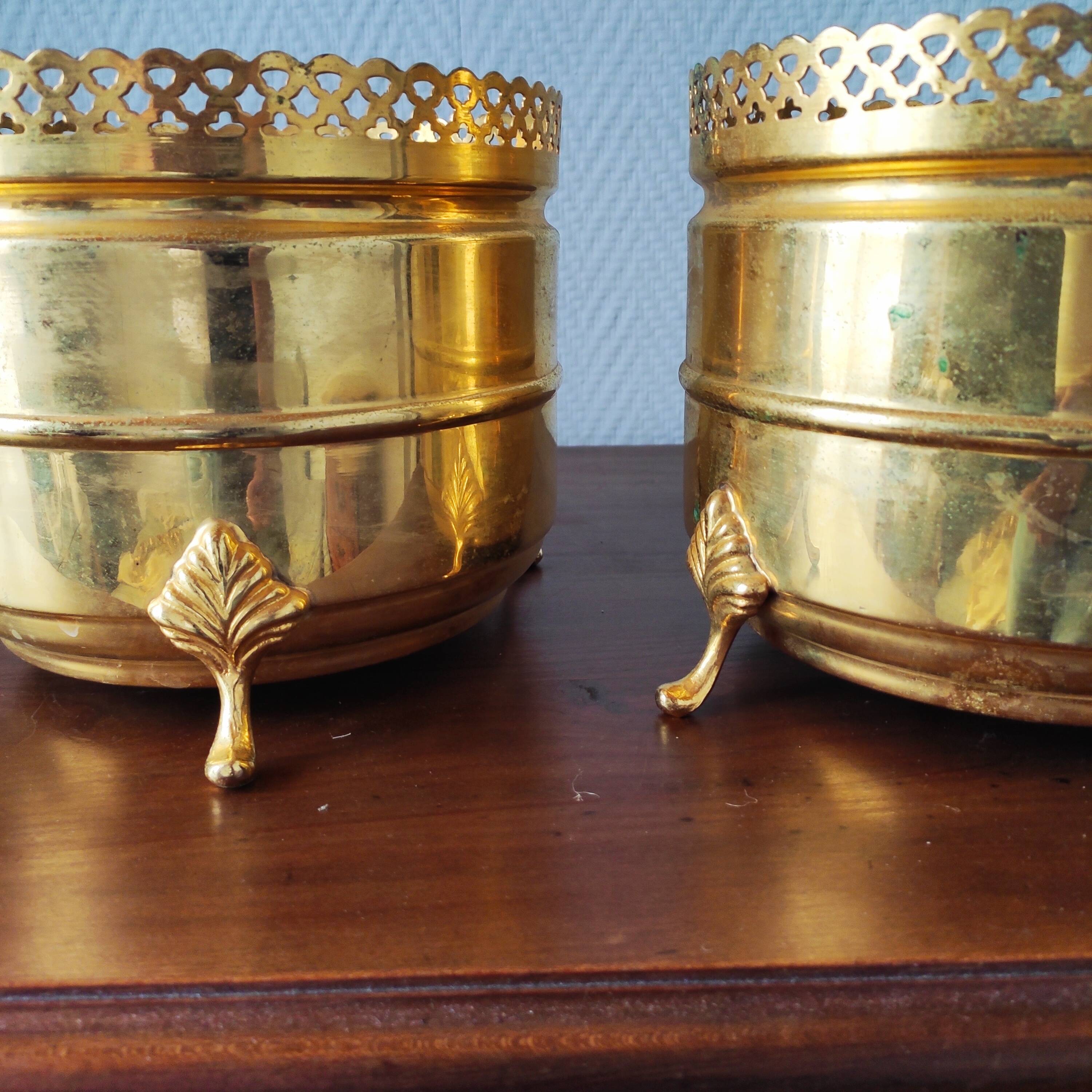 Pair of vintage brass planters with openwork gallery cache-pot.