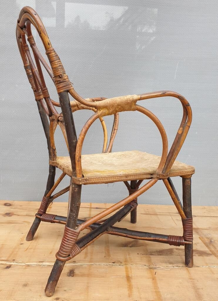 Children's armchair 1890 Chestnut, Rattan and damask velvet