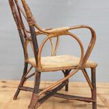 Fauteuil enfant 1890 châtaigner, rotin et velours damassé