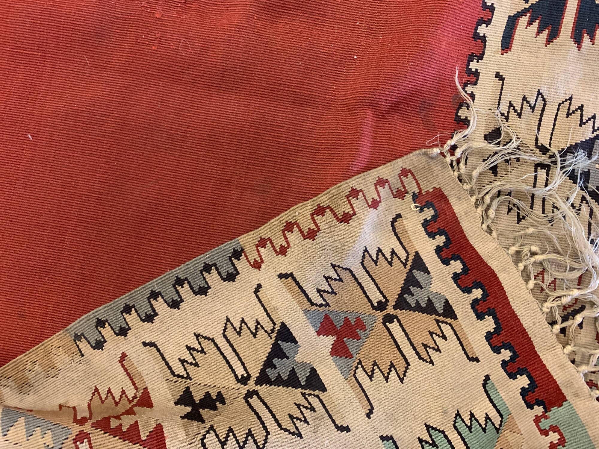 Antique 1900s Burgundy Kilim Rug, Square Wool Flatweave Carpet 143 x 161 cm