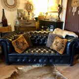 Canapé Chesterfield en cuir noir véritable 3 places