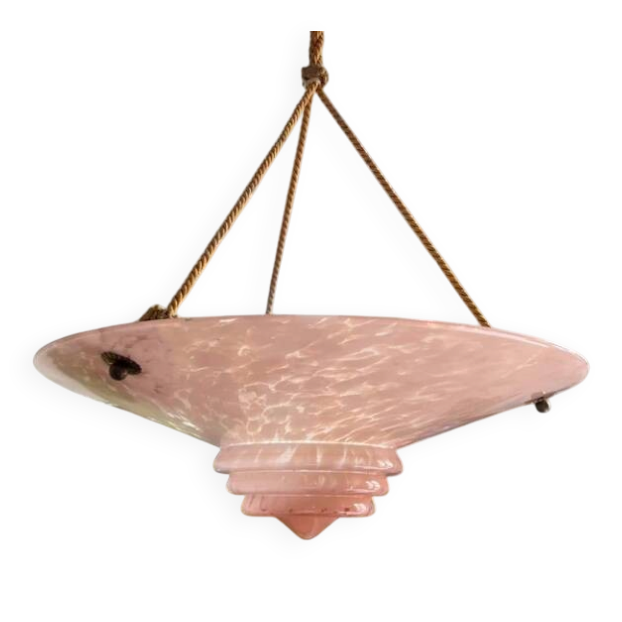 Art Deco basin suspension with pink glass and fabric cords.