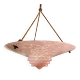 Art Deco basin suspension with pink glass and fabric cords.
