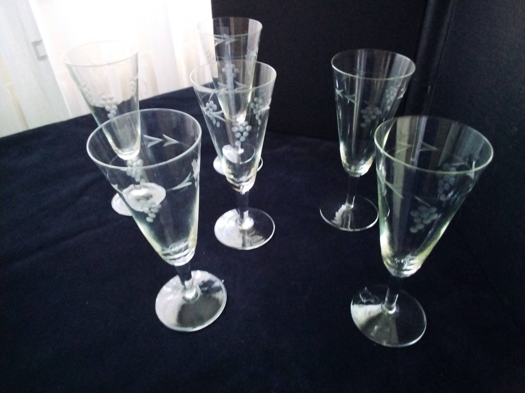 6 vintage engraved crystal champagne flutes