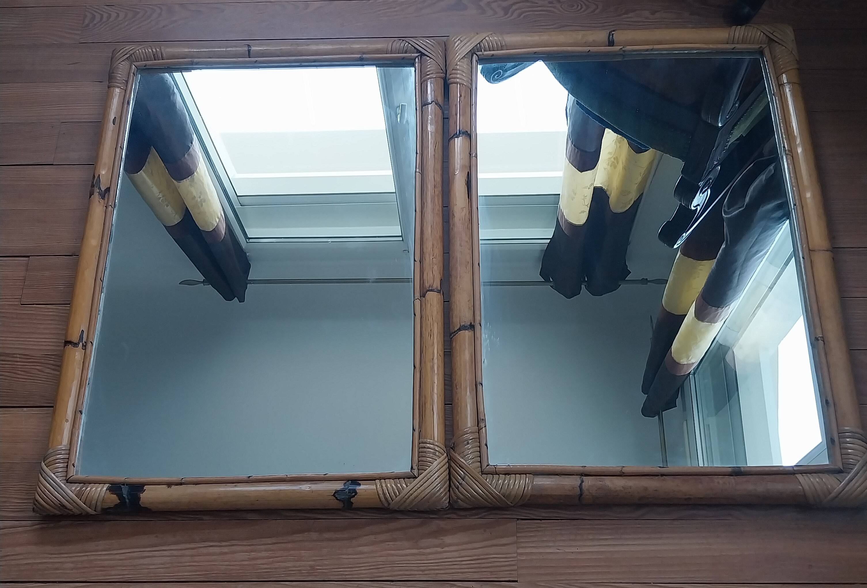 Pair of vintage bamboo and rattan mirrors