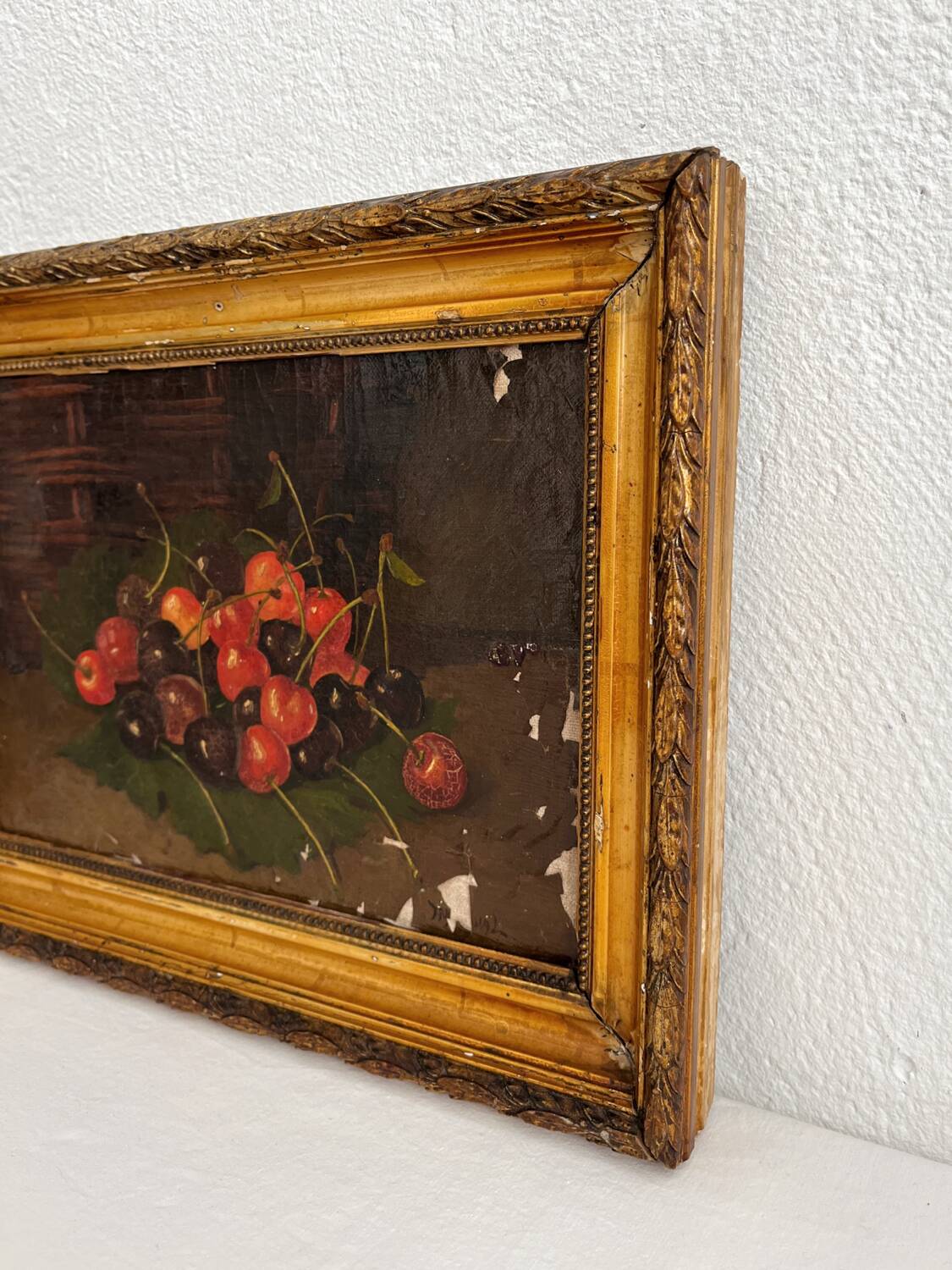 Huile sur toile nature morte aux cerises 19eme