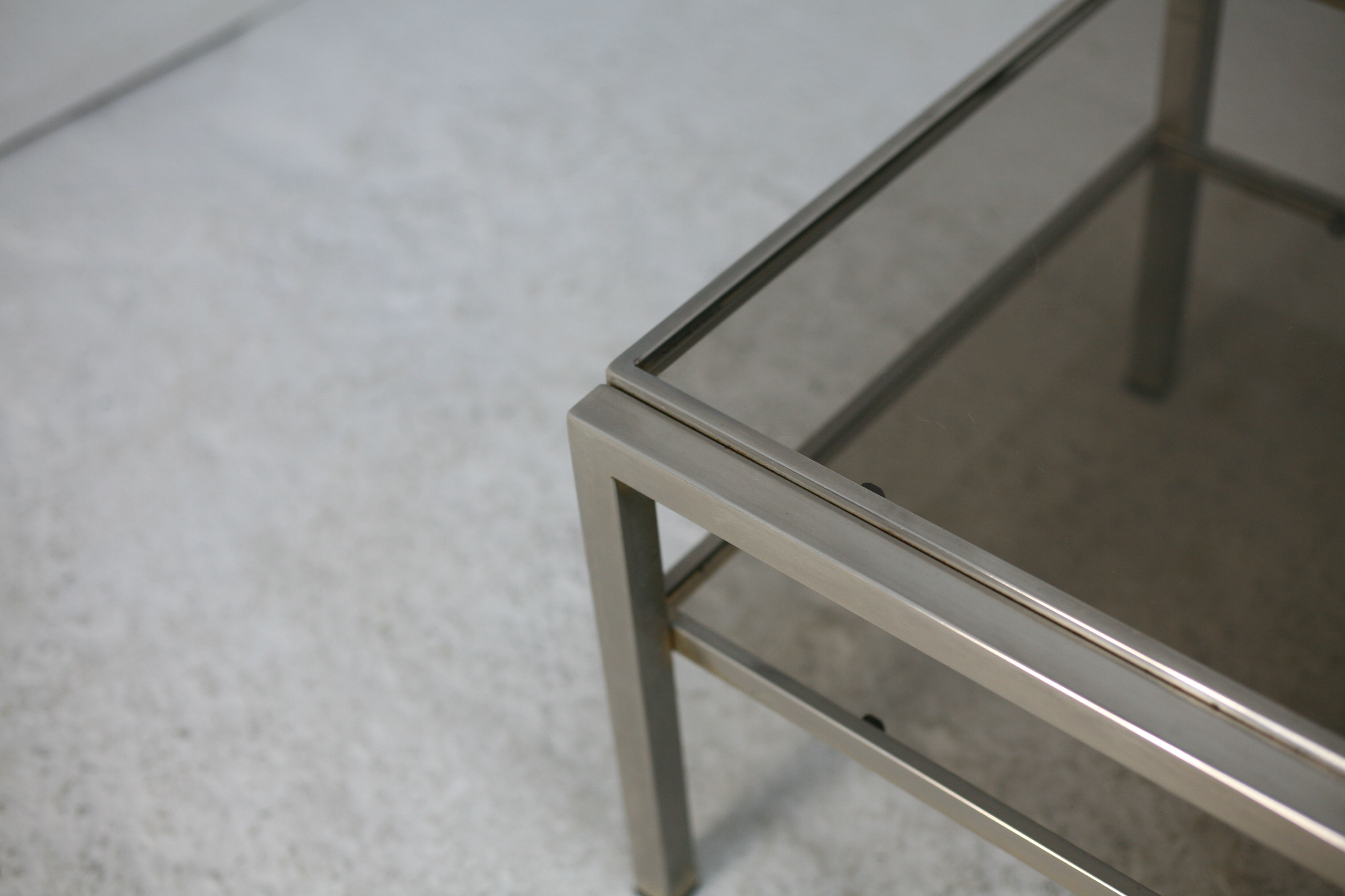 Double coffee table trays smoked glass steel. France, circa 1970