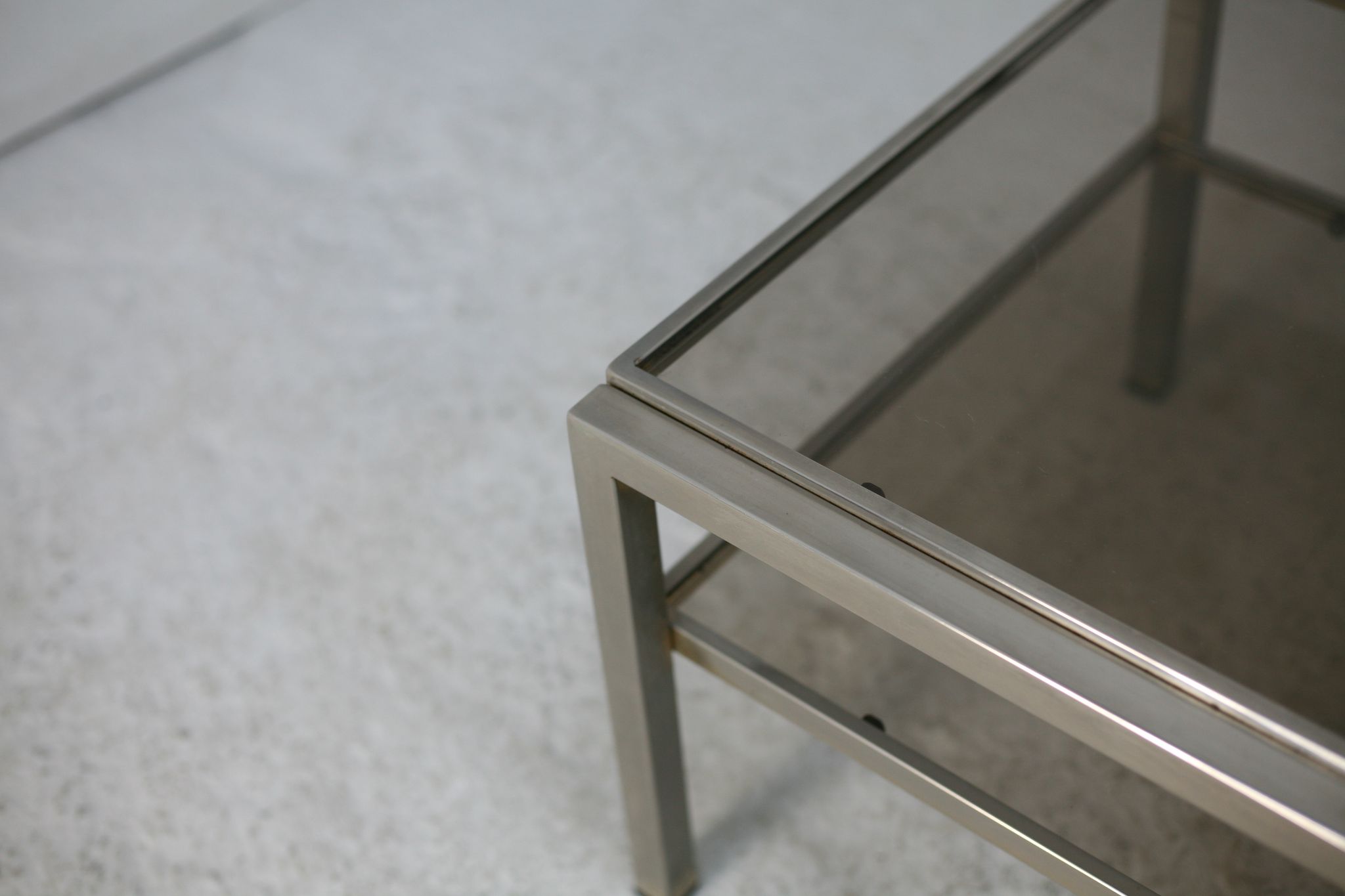 Double coffee table trays smoked glass steel. France, circa 1970