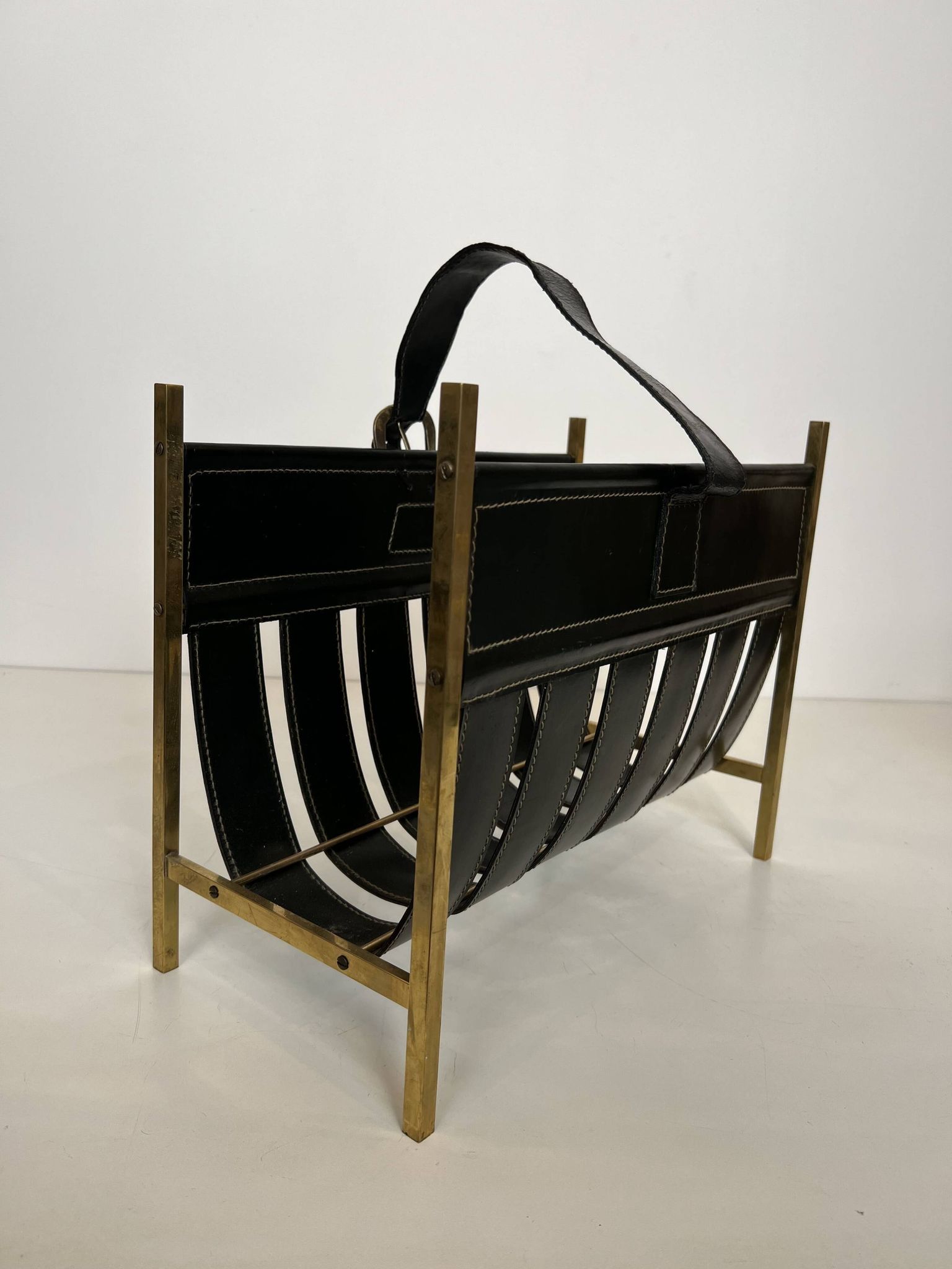 Black Leather Quilted Magazine Holder with Brass Loop Handle. Work