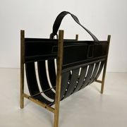 Black Leather Quilted Magazine Holder with Brass Loop Handle. Work