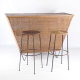 Wicker and iron bar with 2 stools