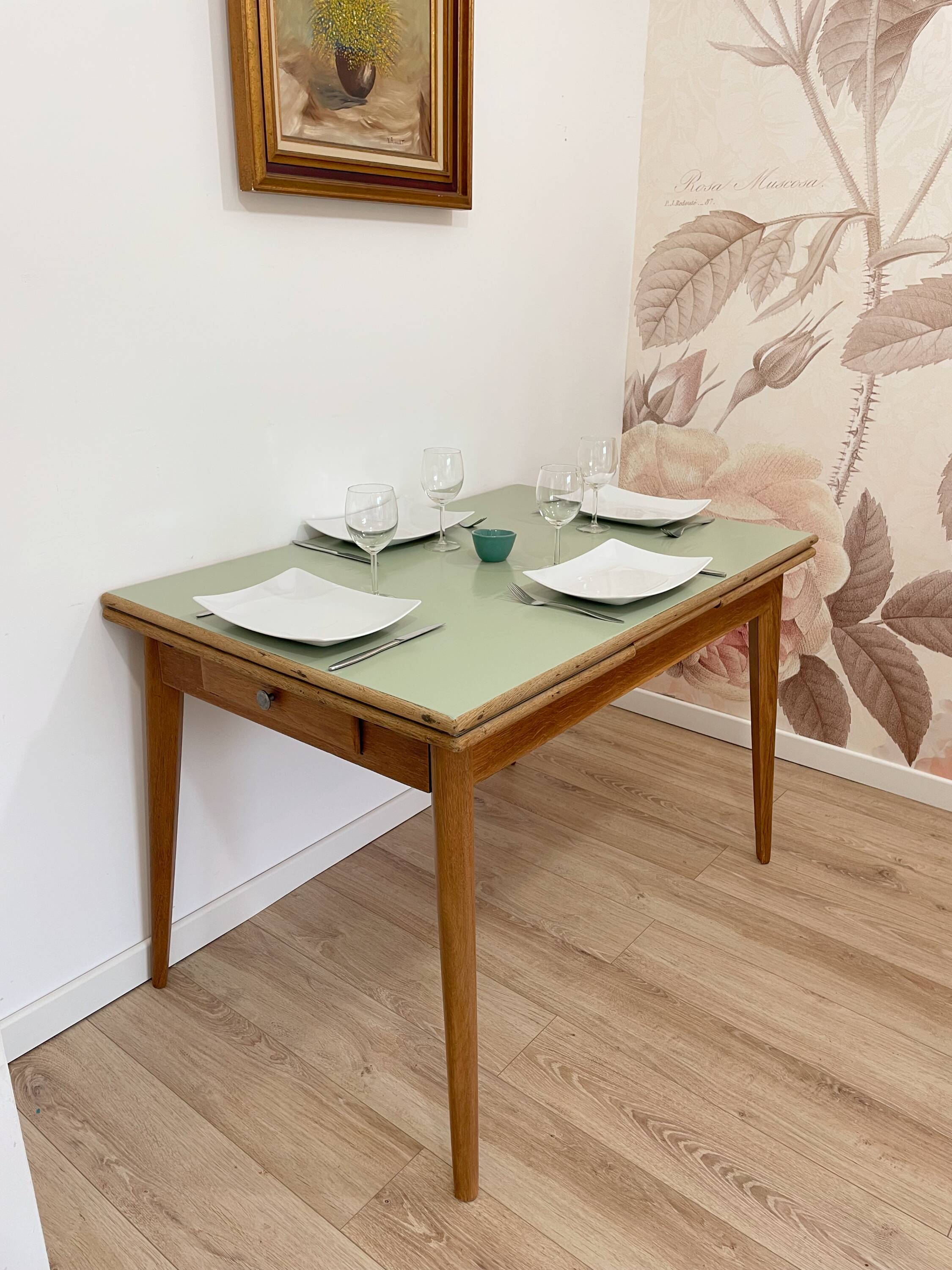 Vintage extendable dining table, wood and sage green