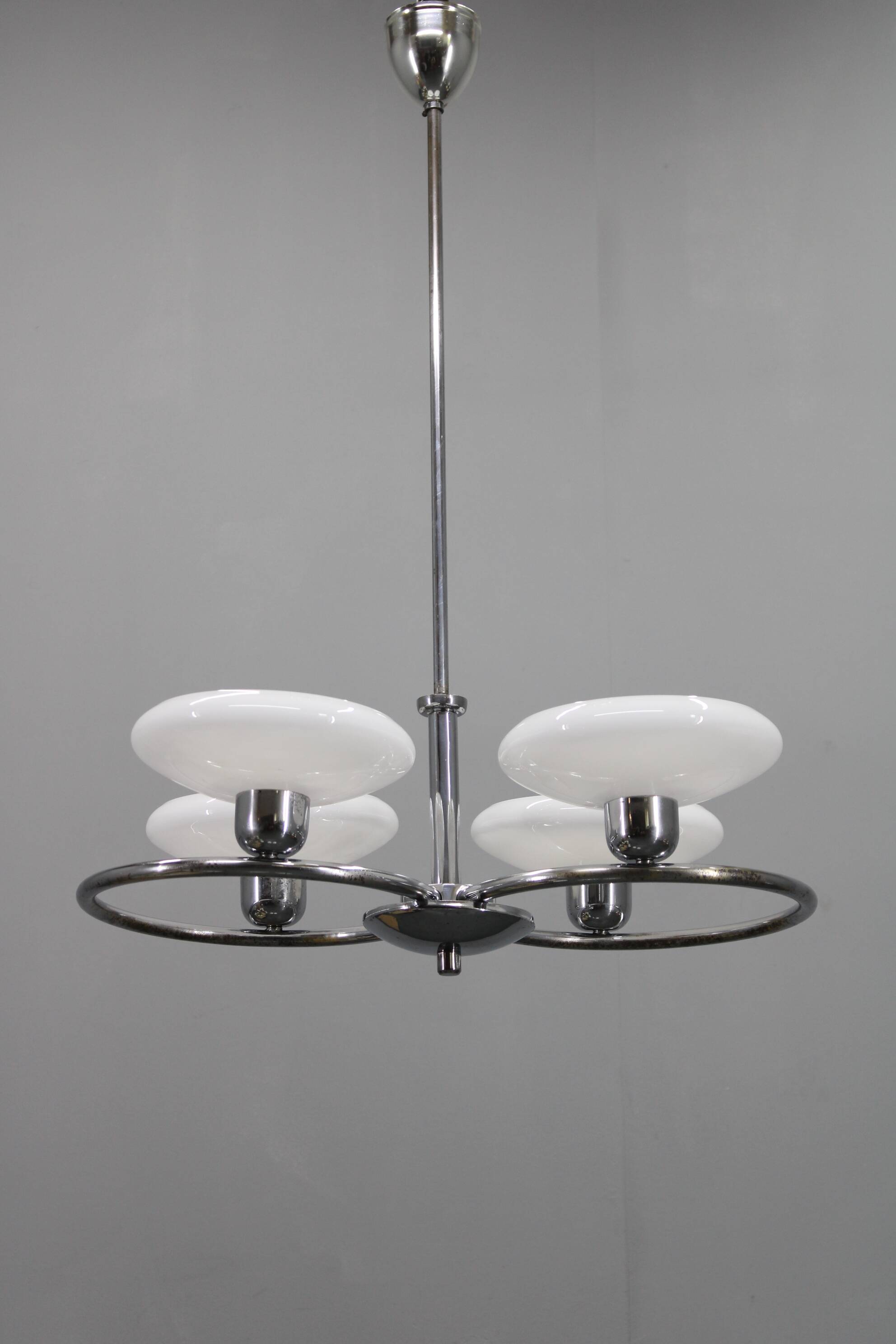 Mid-century chrome chandelier with milk-glass disc shades, Czechoslovakia, 1950s