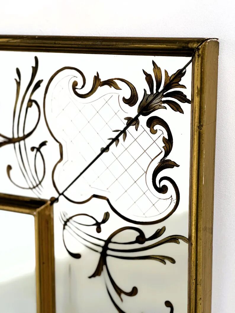 Large Vintage French Bistro Mirror with Hand-Painted Decoration and Gold Frame