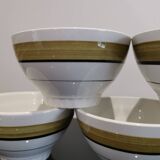Series of 5 small old earthenware bowls with olive green edging
