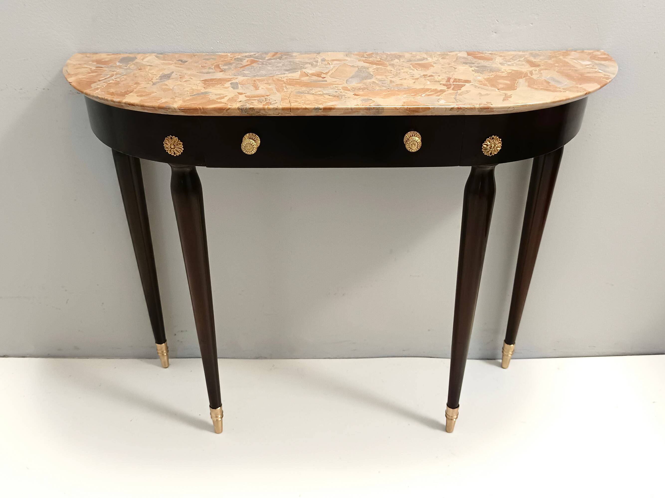 Ebonized Beech Console with a Demilune Macchiavecchia Marble Top attr. to Paolo Buffa