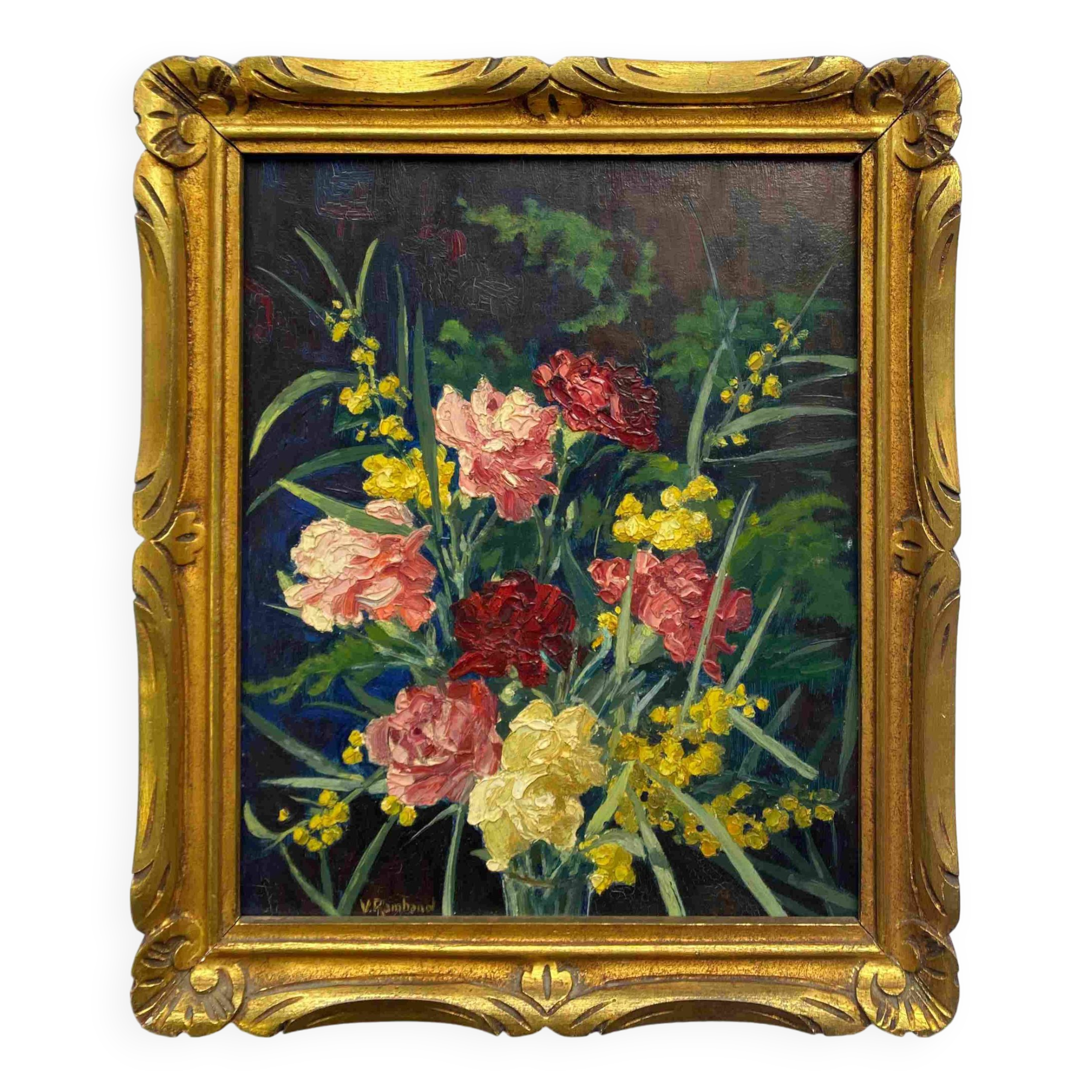 HSP painting "Bouquet of carnations and mimosas" 1934 by Victor RAMBAUD (1902-1996)
