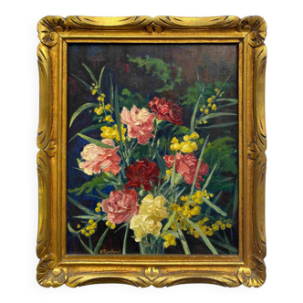 HSP painting "Bouquet of carnations and mimosas" 1934 by Victor RAMBAUD (1902-1996)
