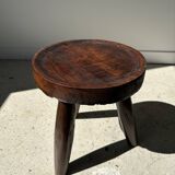 Low hollow upcycled teak tripod stool - Small brown solid wood stool circular seat cr