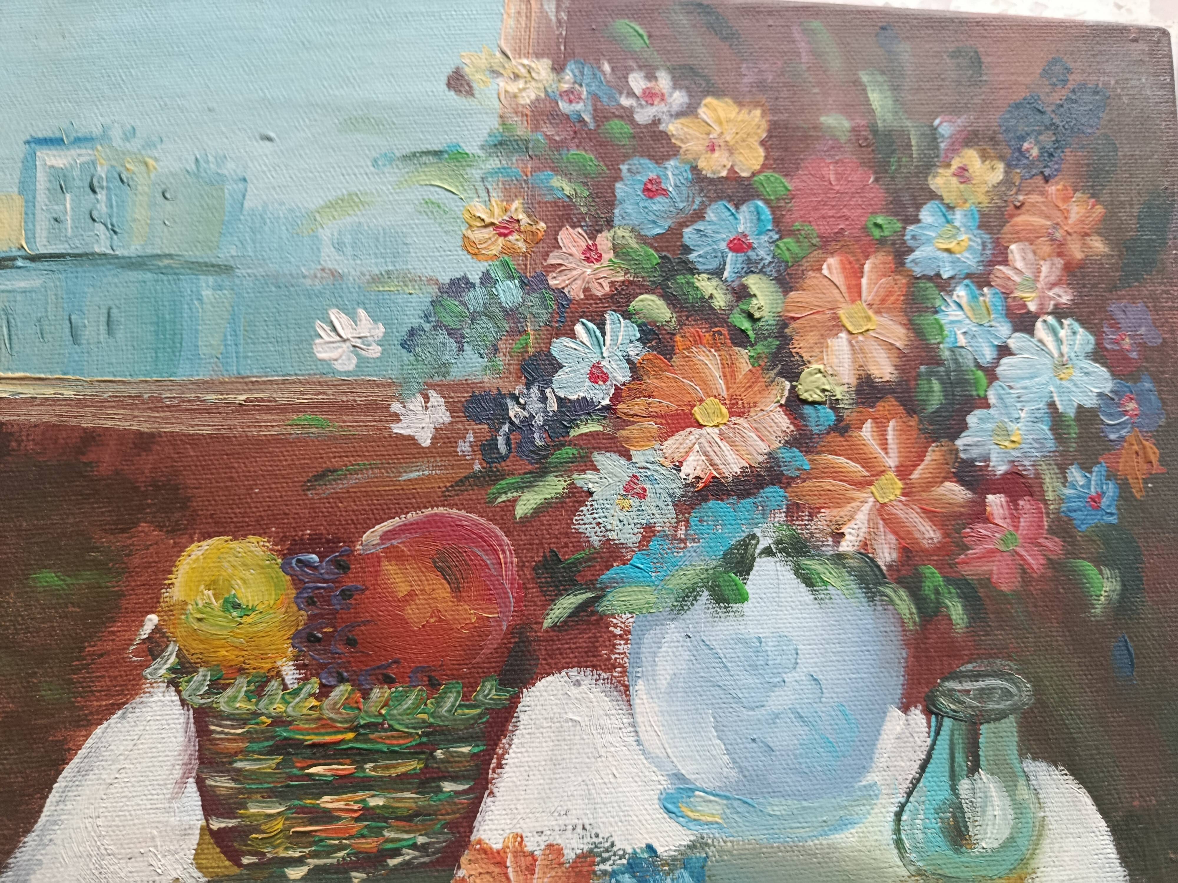 Hst still life signed helman xx: bouquet of flowers, vase, fruit, basket, window