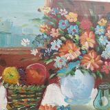 Hst still life signed helman xx: bouquet of flowers, vase, fruit, basket, window
