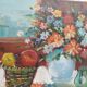 Hst nature morte signé helman xx : bouquet fleurs vase fruits panier fenêtr